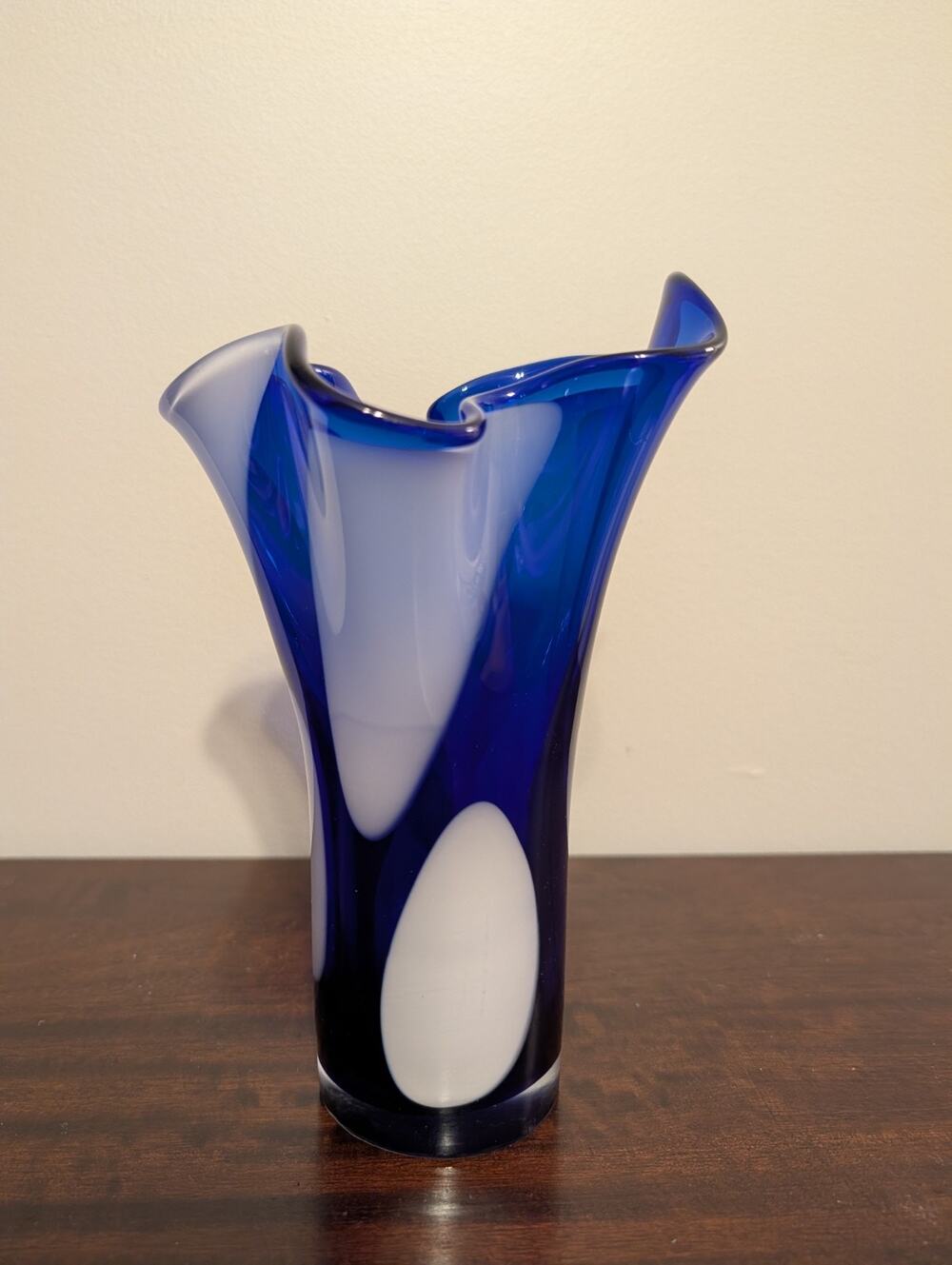 Vintage Hand Blown Stretched Blue & White Glass Handkerchief Vase 8.5"